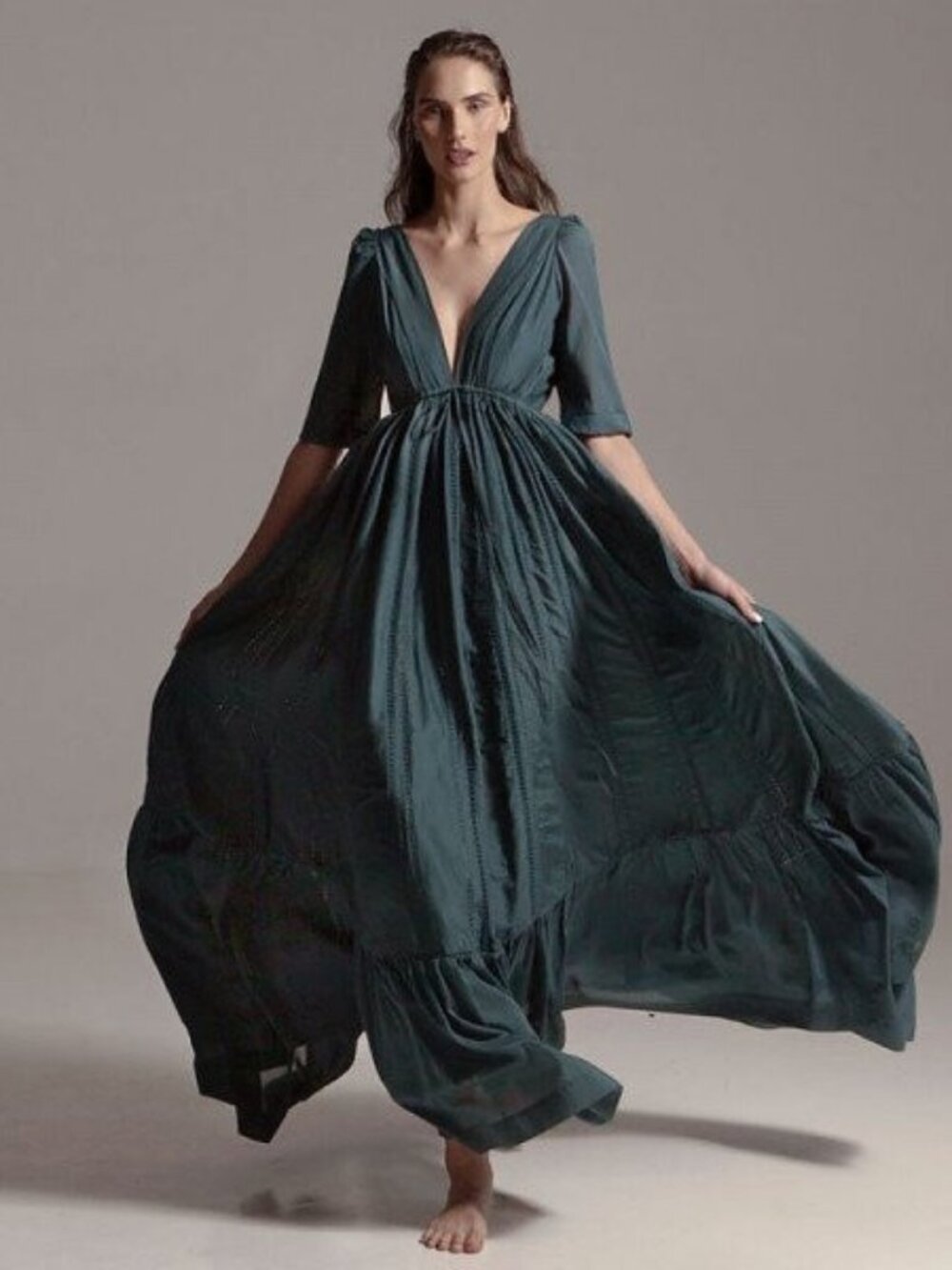 KALITA Pine Hunter Green Uschi Silk Cotton Flowy Romantic Maxi Dress M/L NWT